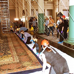 Figure 1. Pulleys and ropes in position ready to lower the Ardabil carpet, The Ardabil Carpet - a new perspective