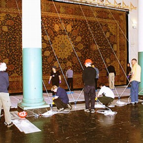 Figure 1. Pulleys and ropes in position ready to lower the Ardabil carpet, The Ardabil Carpet - a new perspective